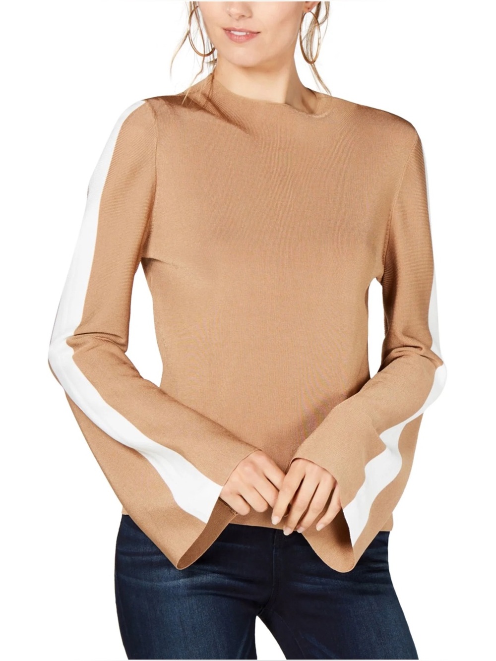 INC Mock Neck beige with white striped pull on sweater NWOT XL